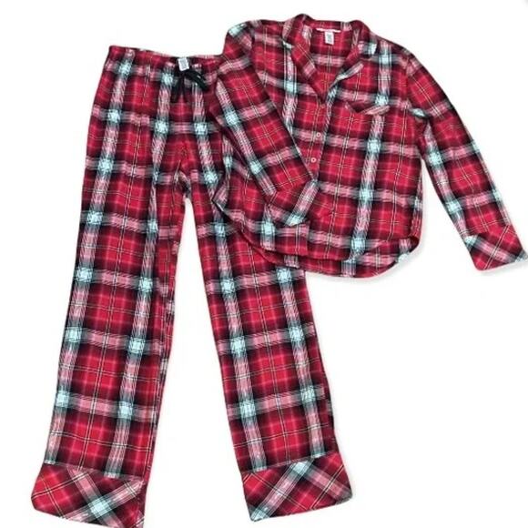 NWOT Victoria’s Secret Red Black Pink Silver Plaid Flannel Pajama Set Size Small - Picture 2 of 6